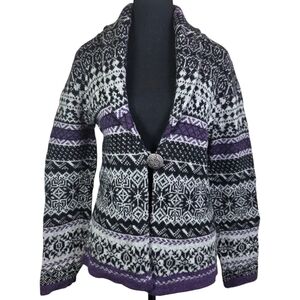 Susan Bristol Wool Black and Purple Patterned Cardigan Size Med
